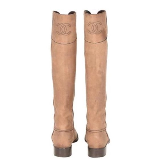 CHANEL Shoes - Chanel CC Logo Marron Clair Nubuck Leather Knee High Tall Riding Boots 37
